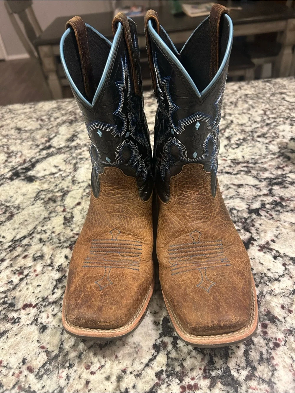 Ariat Brown and Black Western Cowboy Boots with Blue Stitching- 4Y
